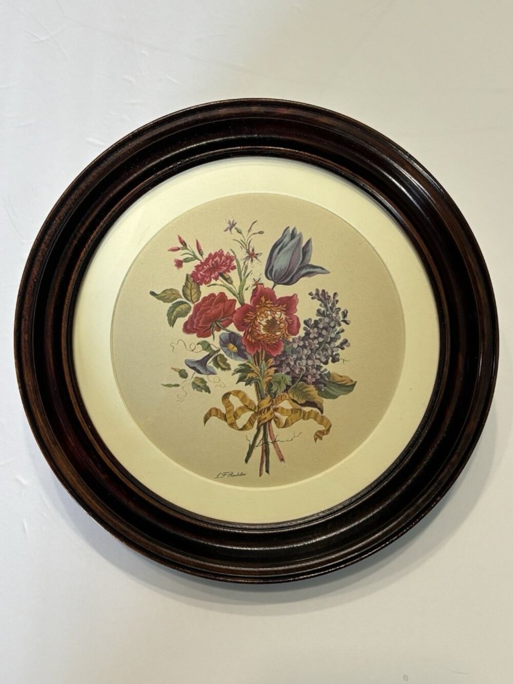 Vintage L.F. Roubillac Floral Print In Deep Well Round Wood Frame 9.5” Art